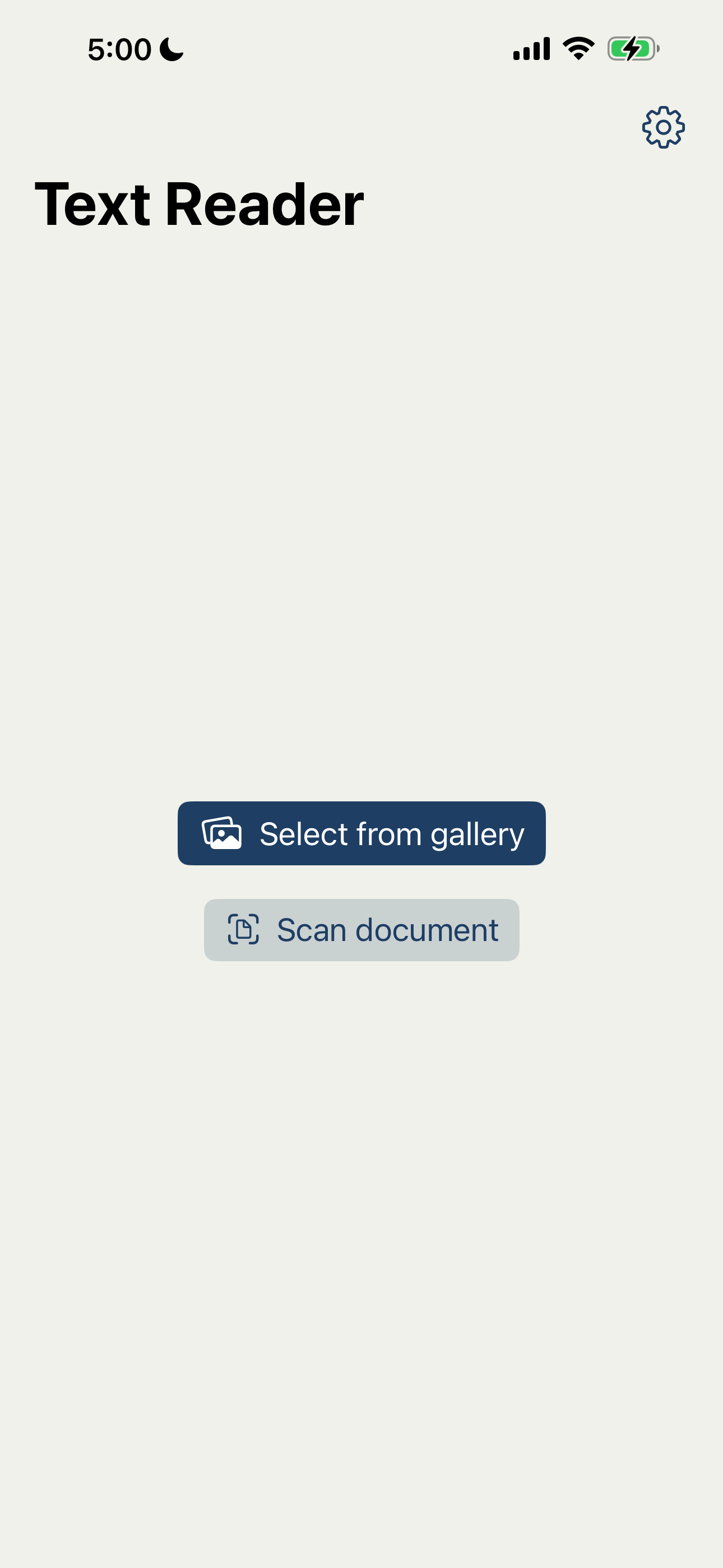 Pantalla de inicio de Lector de Textos con las opciones Seleccionar de la galer&iacute;a y Escanear documento