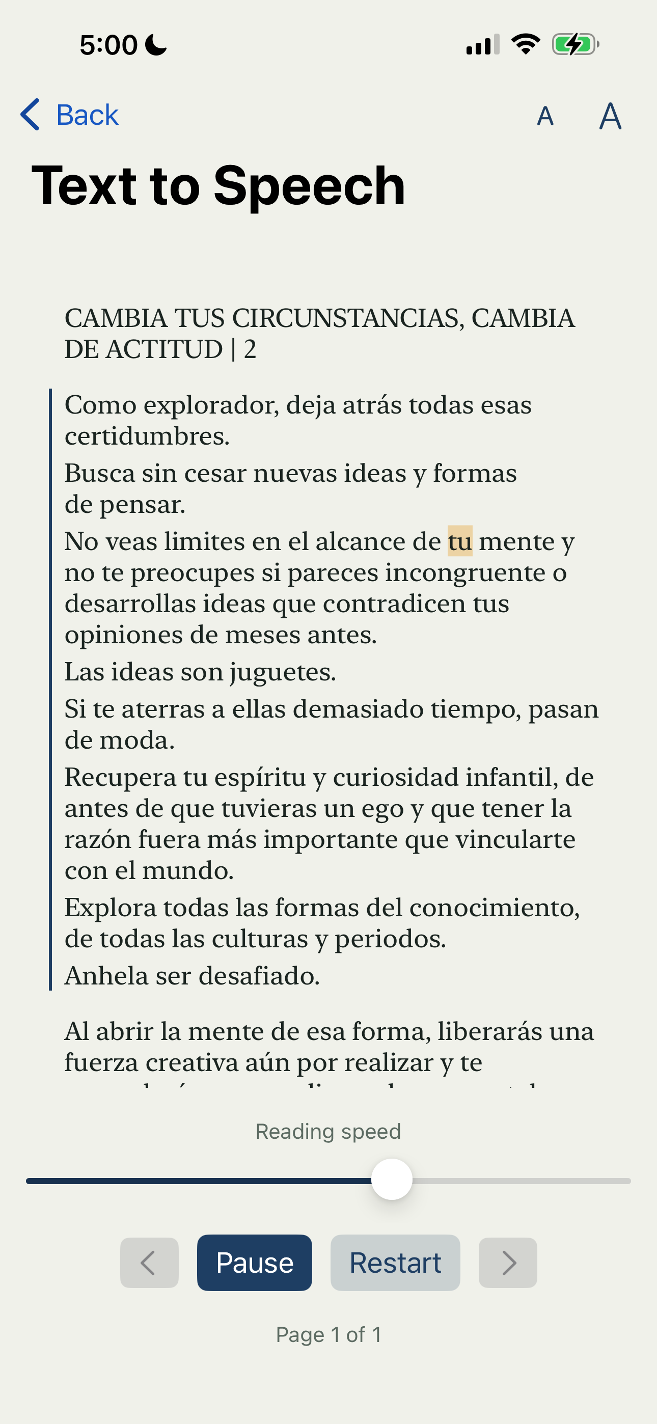 Pantalla de lectura en voz alta con la palabra actual resaltada y el control de velocidad de lectura
