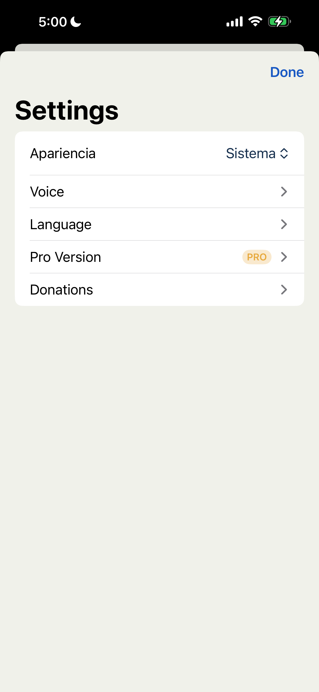 Pantalla de ajustes de Lector de Textos: apariencia, voz, idioma, versi&oacute;n Pro y donaciones