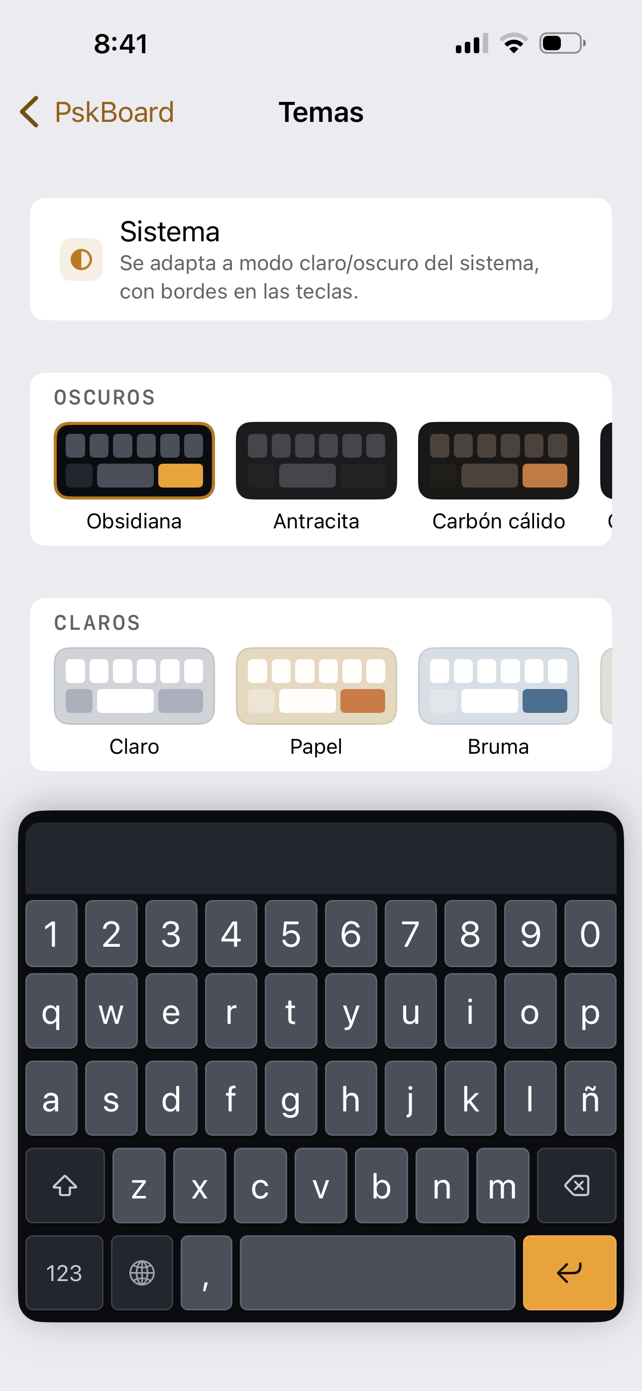 Selector de temas de PskBoard con el tema oscuro Obsidiana activo