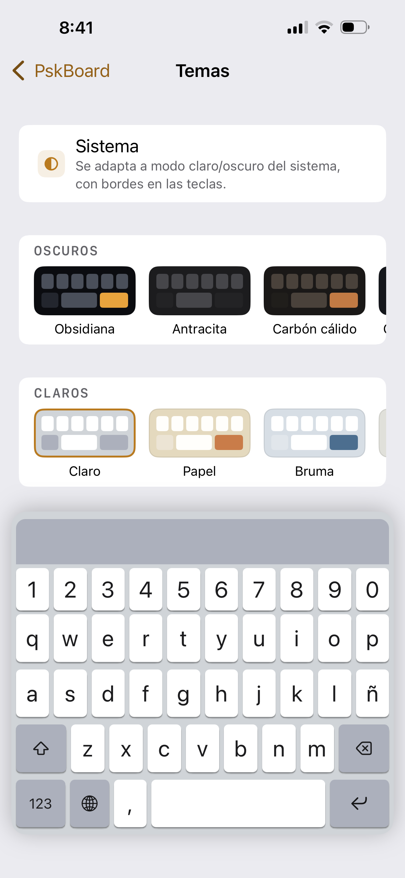 Selector de temas de PskBoard con el tema claro activo
