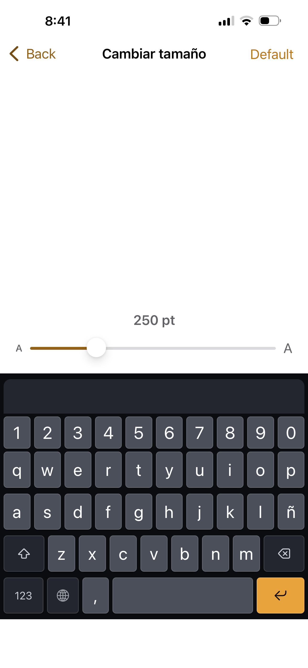 Pantalla para ajustar el tama&ntilde;o del teclado