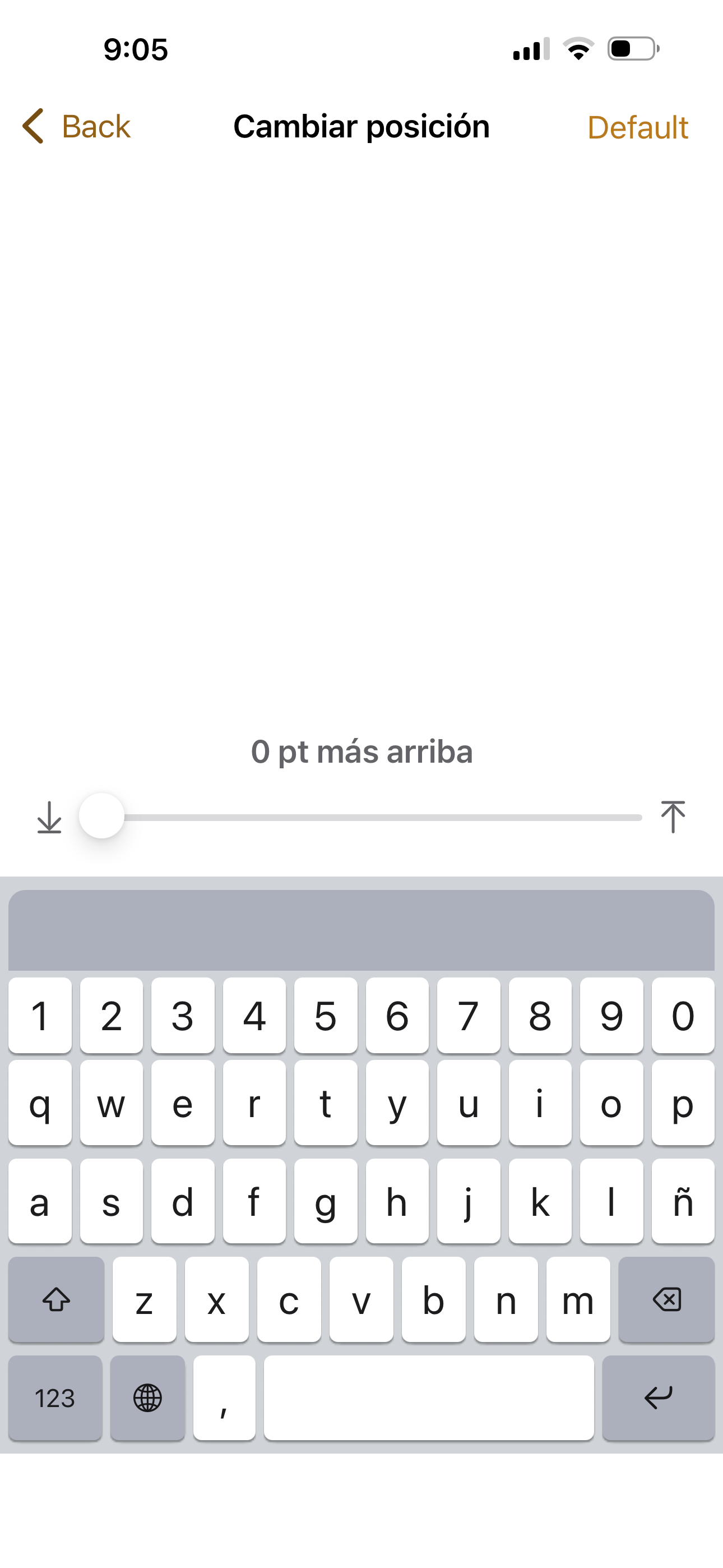 Pantalla para ajustar la posici&oacute;n del teclado