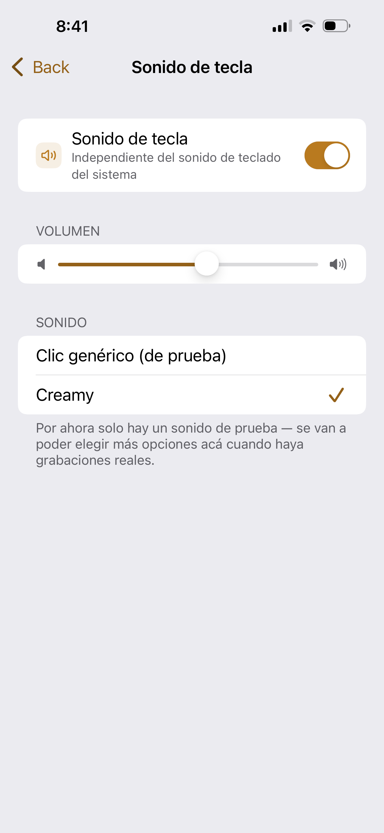 Configuraci&oacute;n de sonido de tecla, con volumen y selecci&oacute;n de pack de sonido