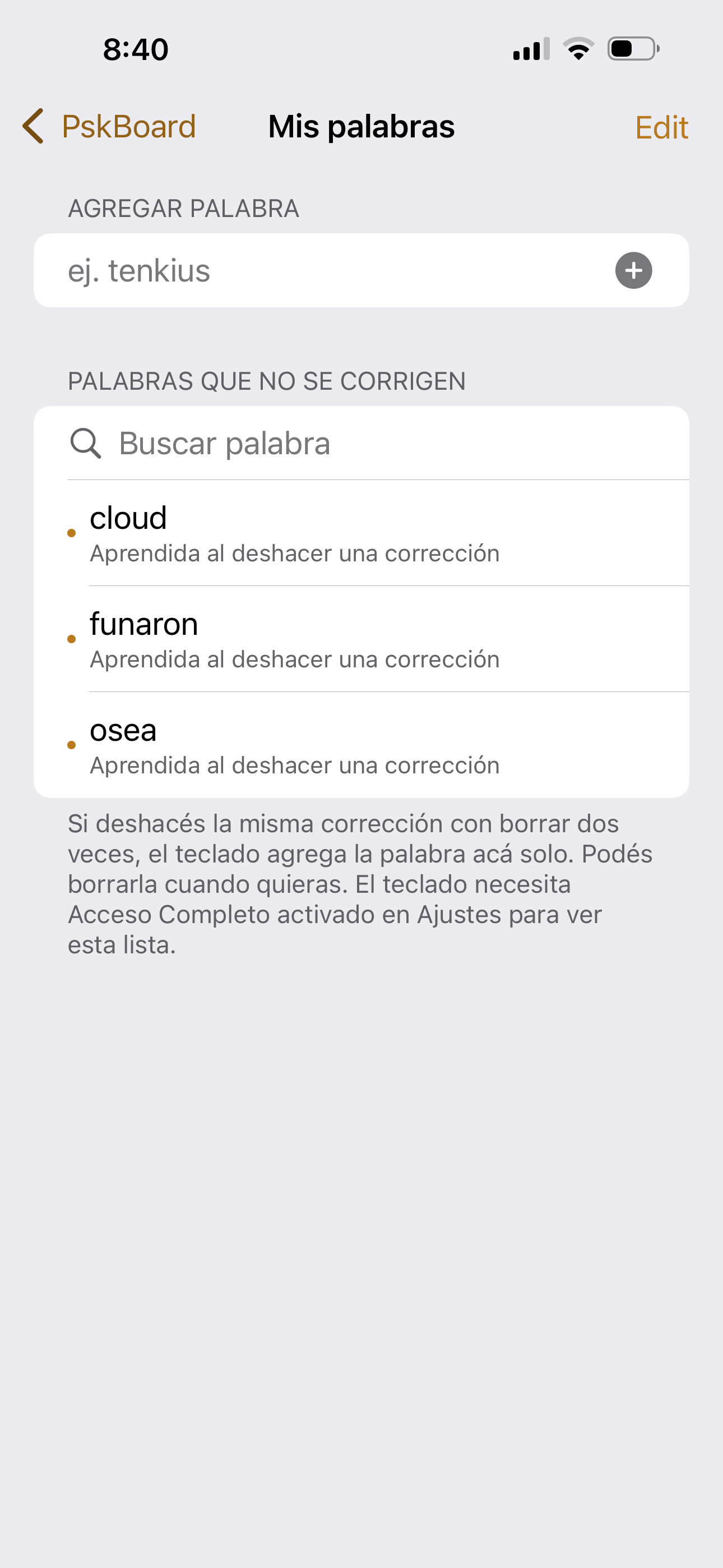 Pantalla de Mis palabras con palabras aprendidas al deshacer correcciones
