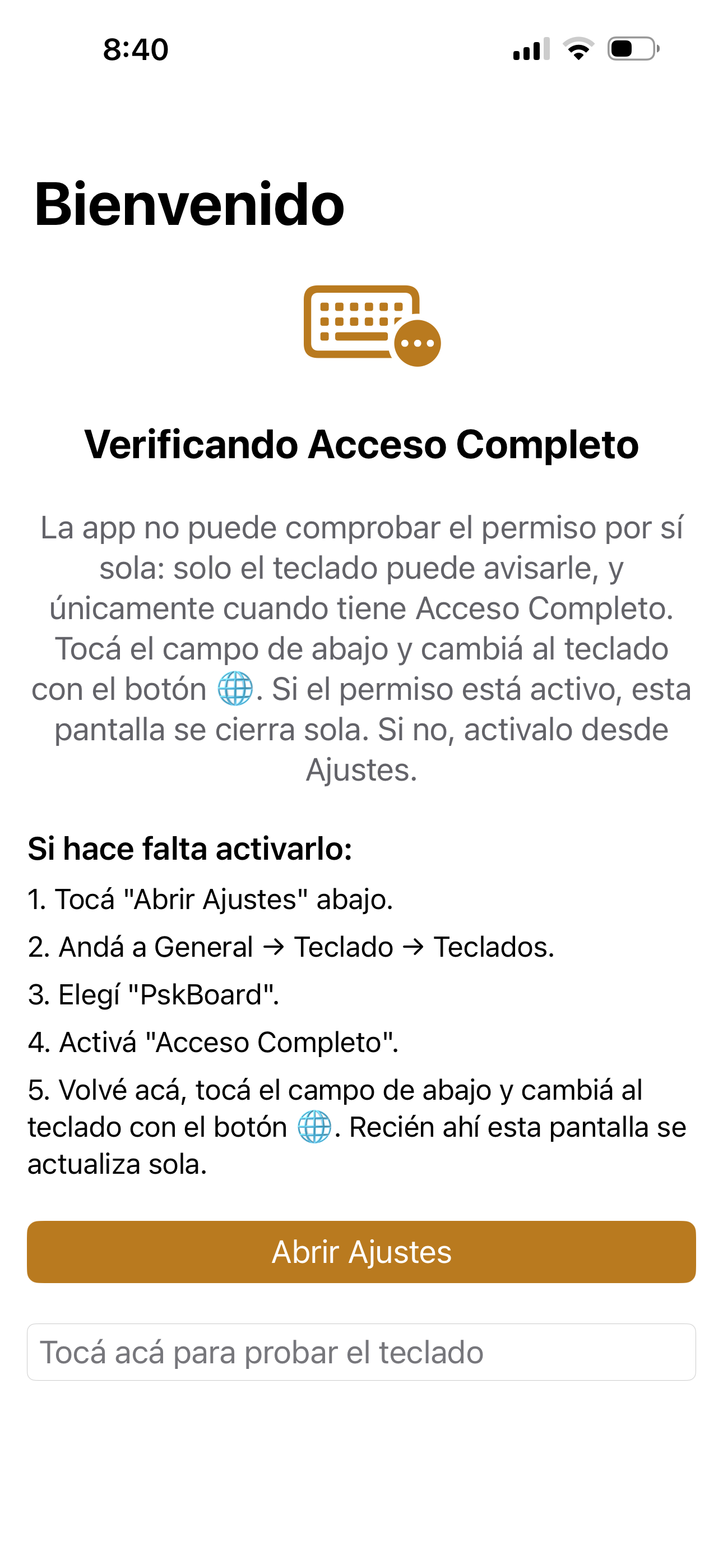 Pantalla de bienvenida guiando a activar el Acceso Completo